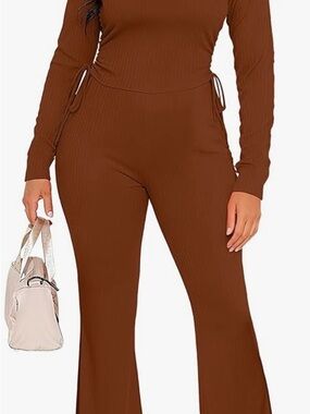 Rib-Knit Wide-Leg Pants & Top in Brown